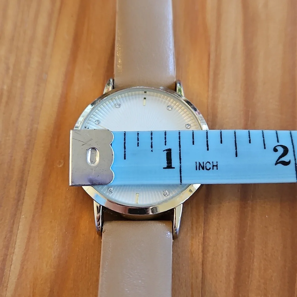 Time & Tru Ladies 34mm Gold Tone Etched Dial Adjustable Brown Strap Watch